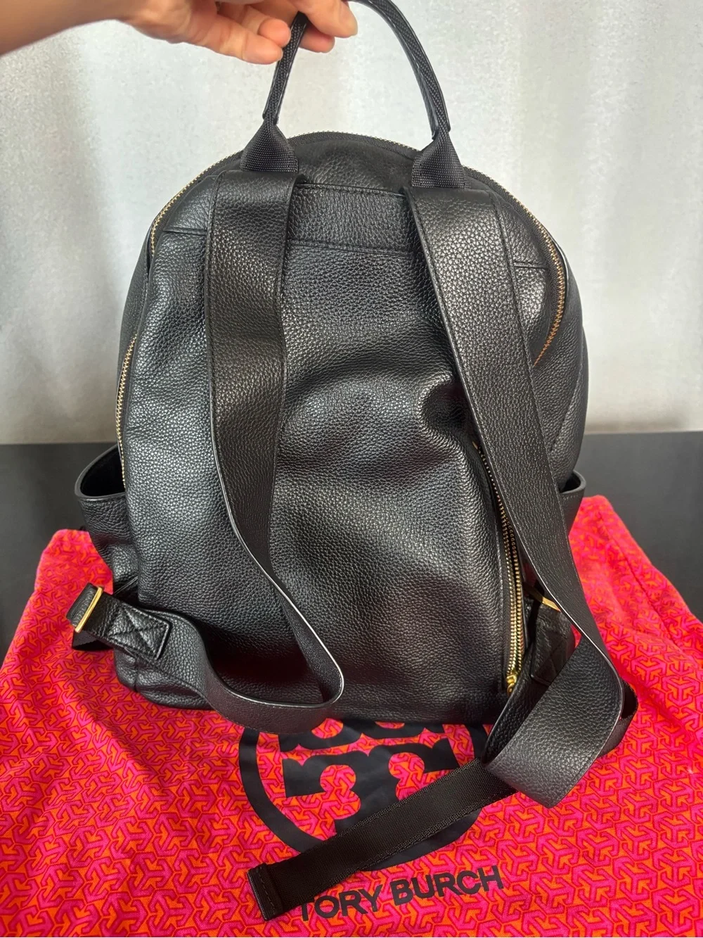 Tory Burch Perry Bombé Black Leather Backpack with Gold Hardware